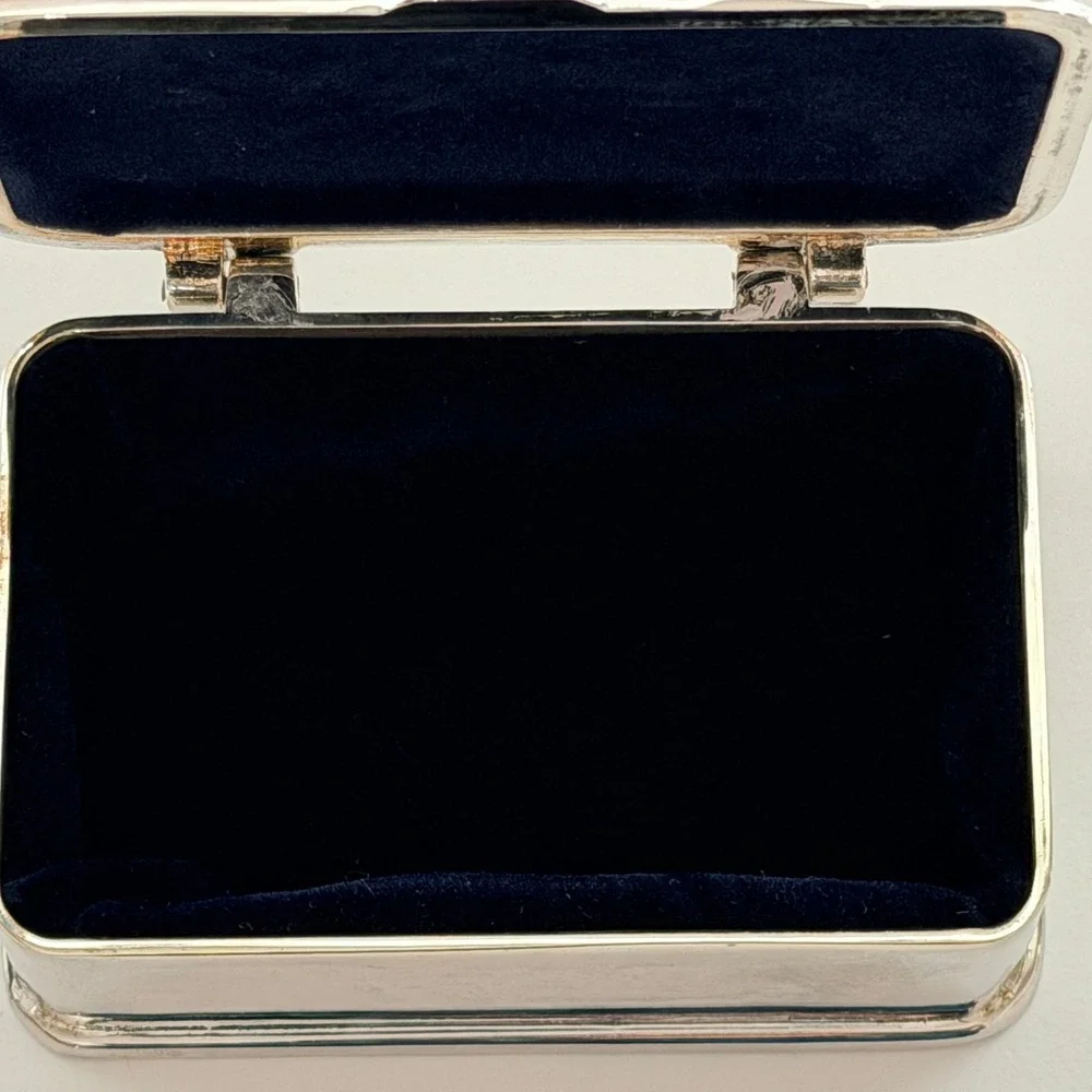 Vintage Silver Plate Trinket Box Blue Velvet Lined Jewelry Keepsake Box